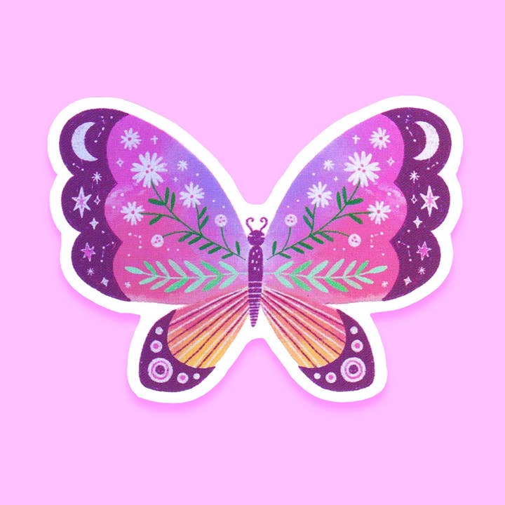 Holographischer Schmetterlings-Mond-Aufkleber 3x4" (mystisch) für den Großhandel von Natalie Briscoe Illustration