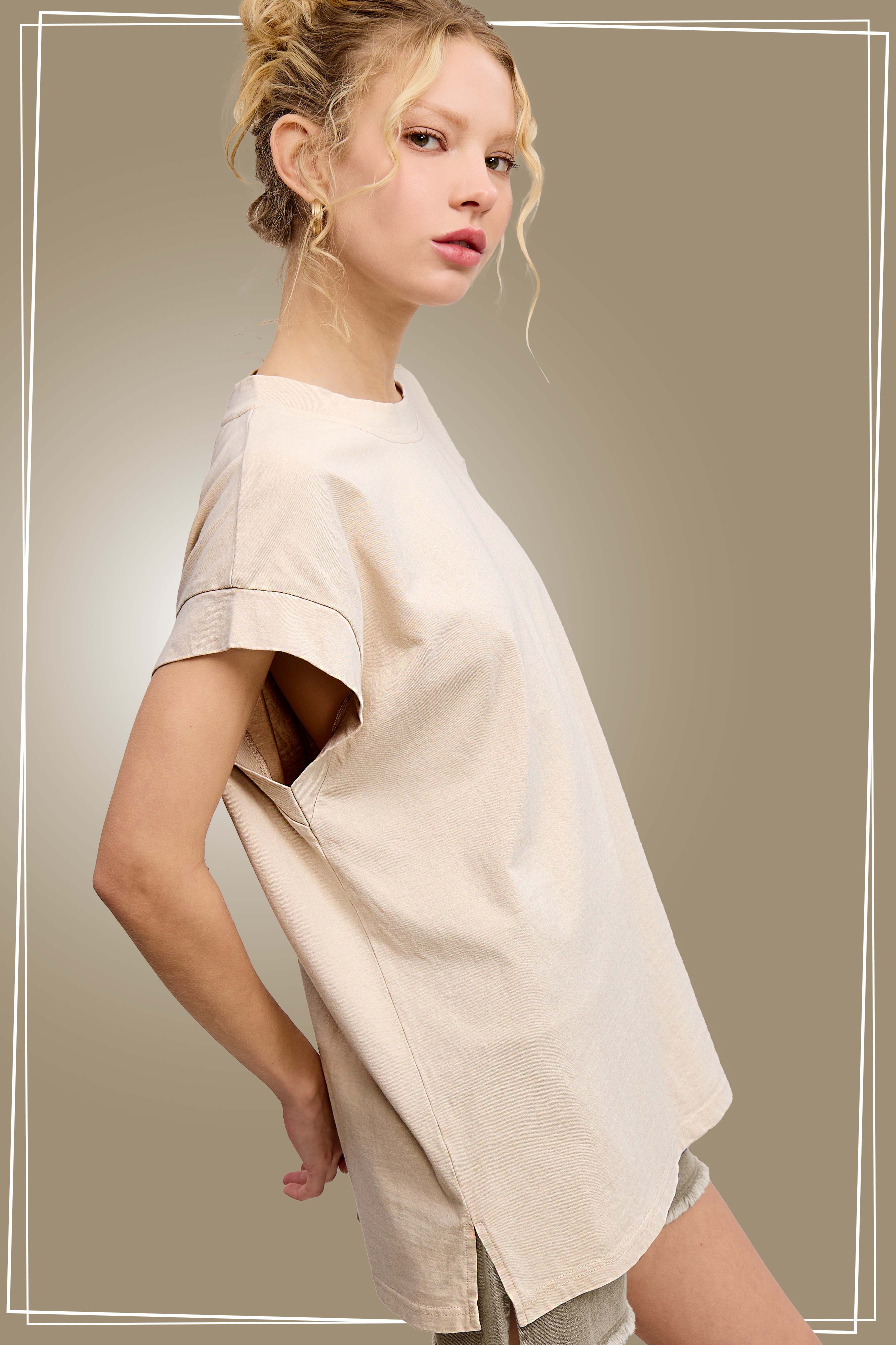 La Miel – wholesale Tunika - Dam – MCT7689-Mineraltvättad Kortärmad topp med rund halsringning10