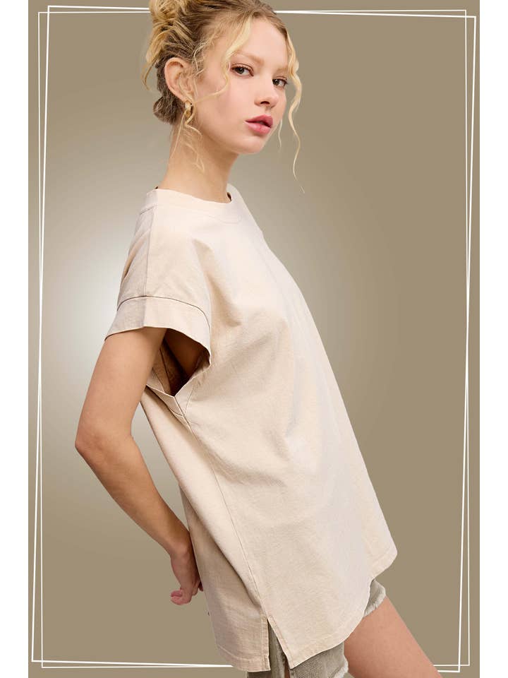 La Miel - Vente Tunique – femme - MCT7689-Haut à manches courtes et encolure ras-du-cou délavé au minéral10