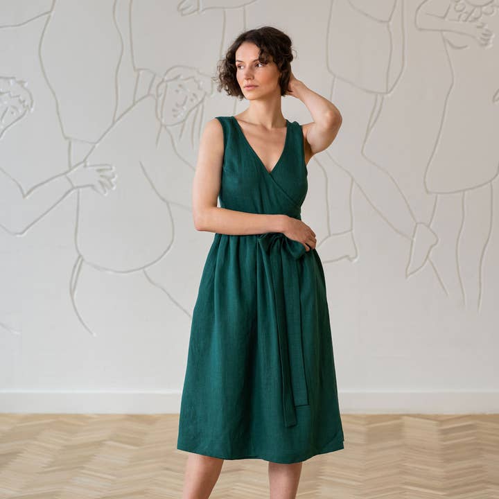 menique - Wholesale Jurk - Dames - Elegante zomerjurk Macie van linnen met overslag12