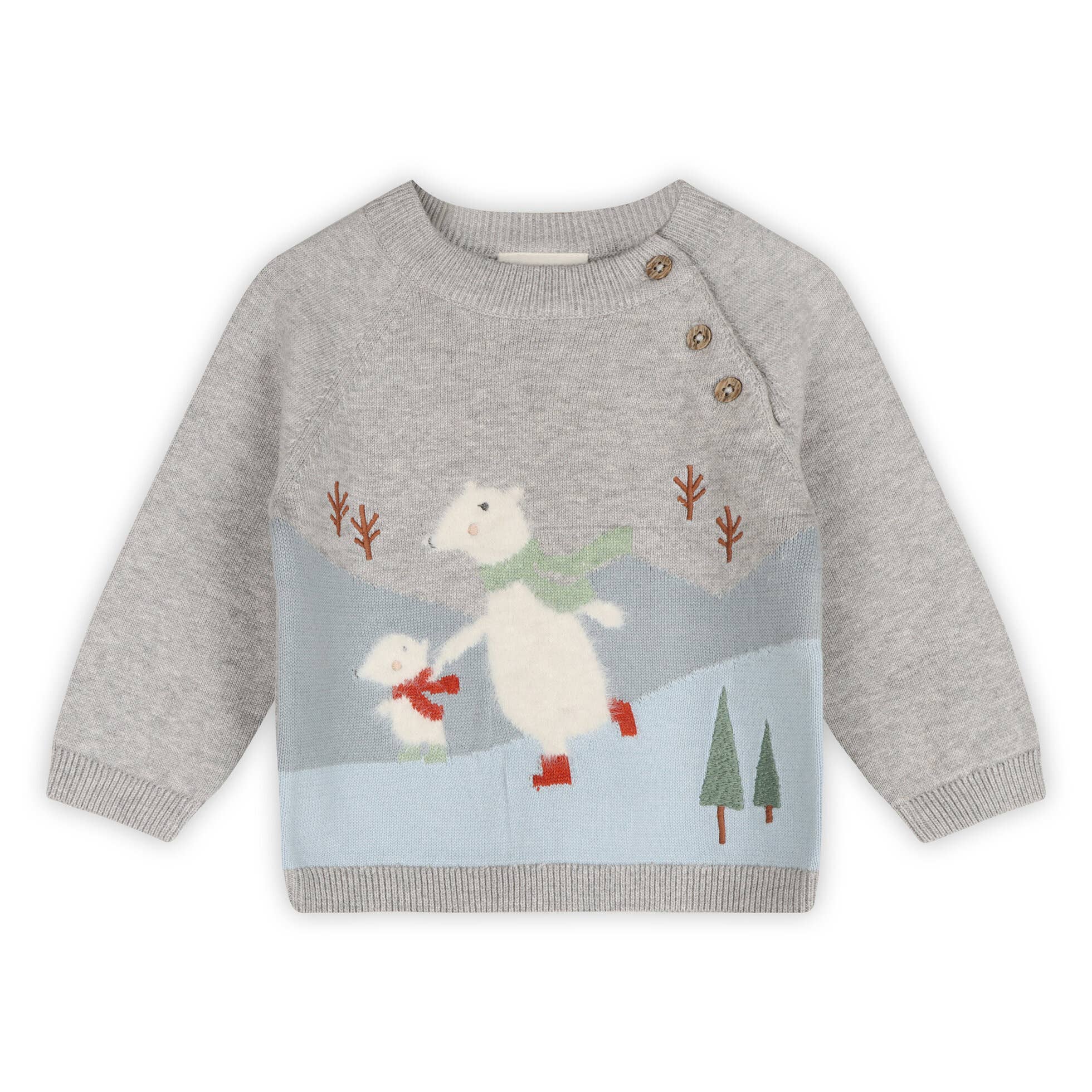 Heather Grey Skating Polar Bear Jacquard Knit Baby Raglan Pullover for wholesale on Faire0
