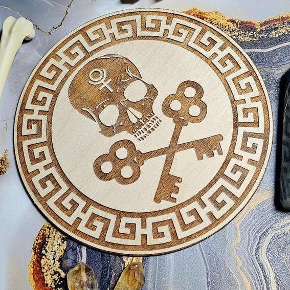 Hades Wooden Crystal Grid Board, Skull & Skeleton Keys for wholesale by Prism Moon Designs