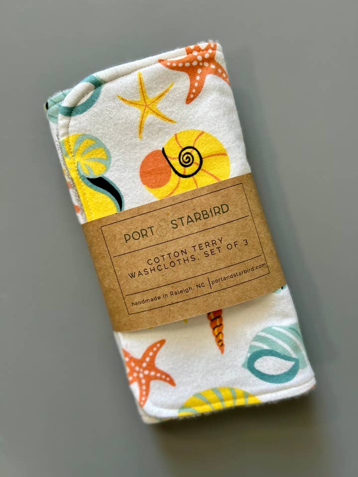 Sea Shells Cotton Flannel Terry Washcloths, set of 3 for wholesale by Port & Starbird