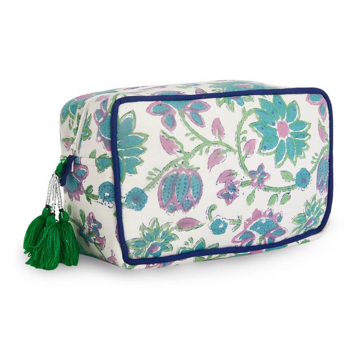Floral Green & Blue Makeup Bag – Cotton Zip Cosmetic Pouch with Tassel, Travel Toiletry Storage on Ivory for wholesale by House of cotton