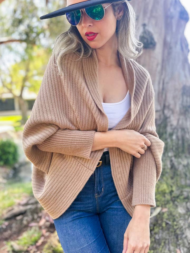 Taupe Soft Rib Knitted Shrug Cardigan for wholesale by AMOLI