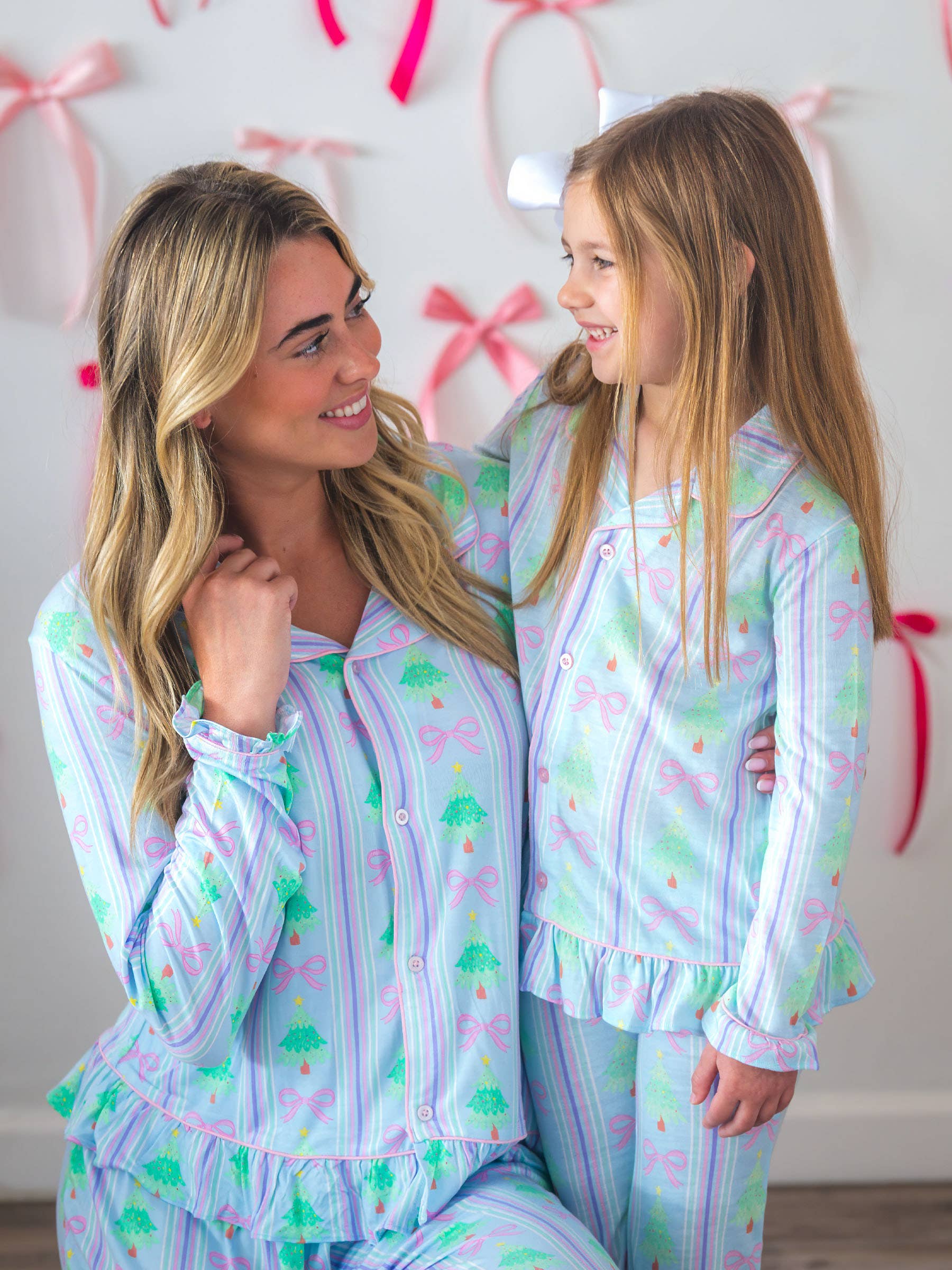 Blue SoftSnooze™ Girls Merry Bow Dreams Long Sleeve Button Up Ruffle Flare Pajama Set for wholesale on Faire5
