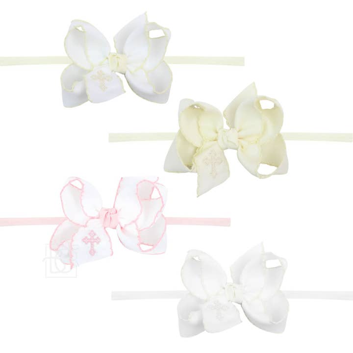 Fascia per capelli in collant da 1/4" con fiocco a croce ricamato per la vendita all'ingrosso da parte di Beyond Creations, LLC