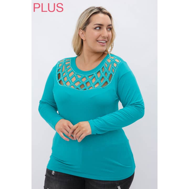 VOCAL - Wholesale Knit Top - Women's - CURVY LASER CUT LONG SLEEVE TOP WITH STONES4