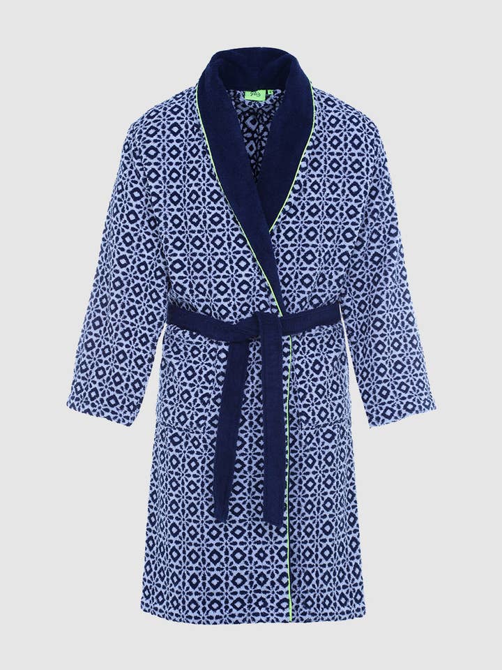 Navy Full Azulejos French Terry Adult Bathrobe for wholesale by GILI'S