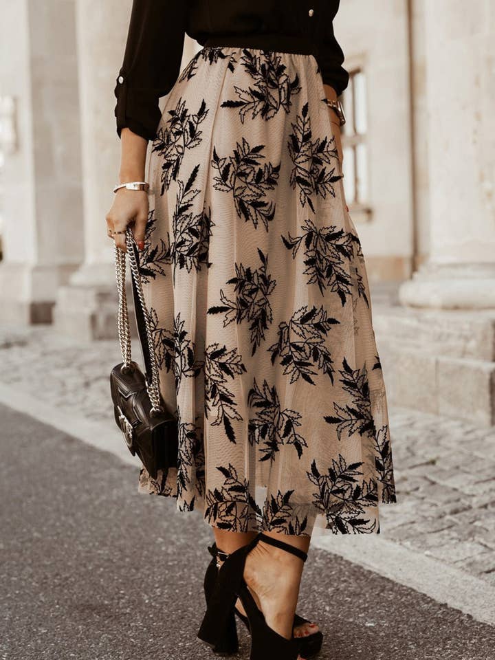 Apricot Floral Leaves Embroidered High Waist Maxi Skirt for wholesale on Faire