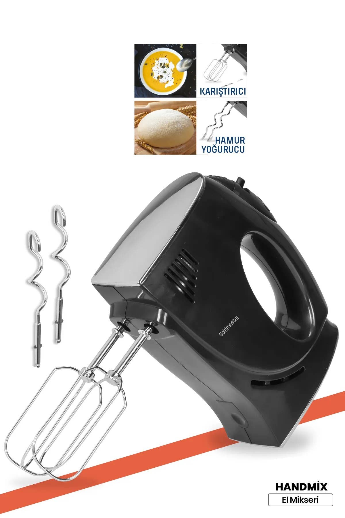 Multi Colored Goldmaster Handmix Stainless Steel Turbo Function Hand Mixer with 5 Speed Adjustable Whisking and Kneading Apparatus for wholesale on Faire0