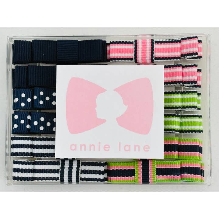 Doos met 12 haarstrikken - marineblauwe streep paren voor wholesale door Annie Lane