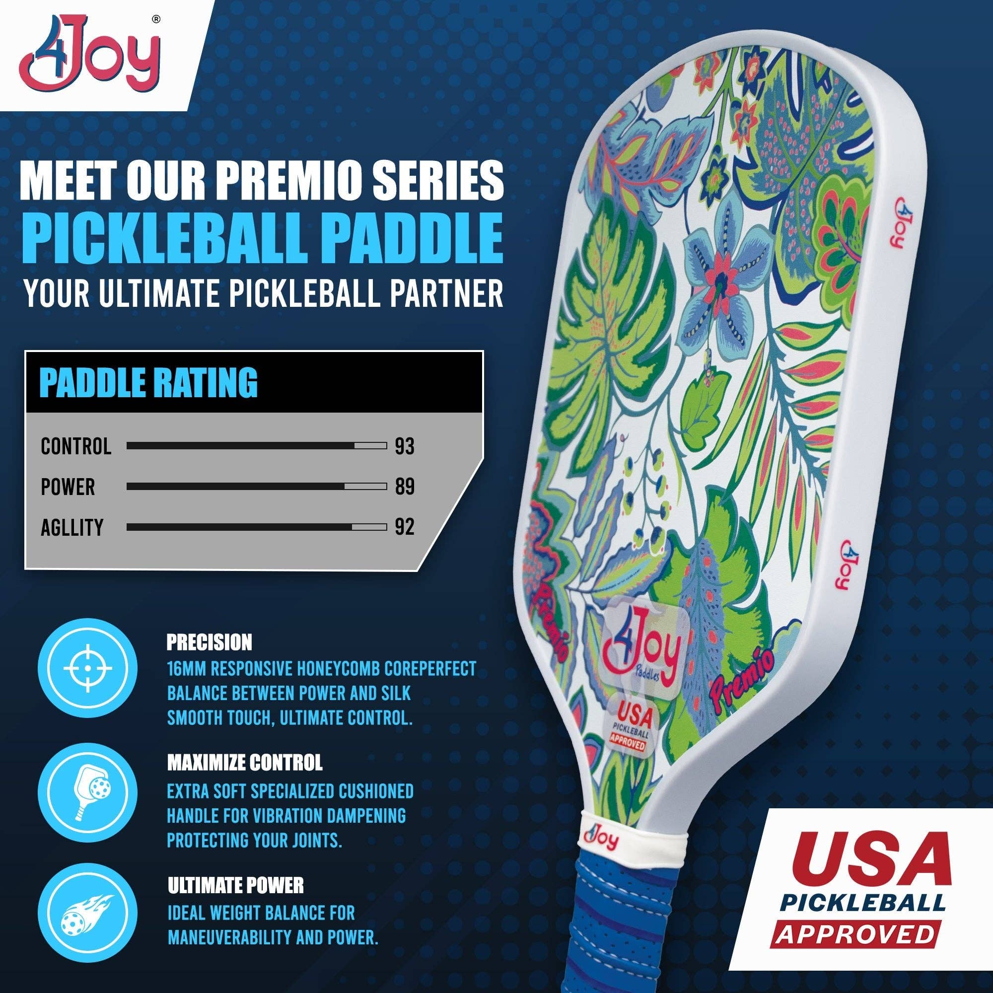 4JoyPaddles - Wholesale Sports & Outdoor - White Palm 4Joy Pickleball Paddle Premio Series5