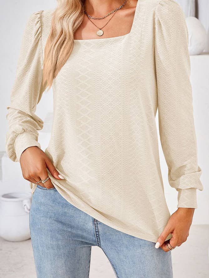Comely Fashion - Wholesale Blouse - Women's - CF-HLL106 Square Neck Solid Jacquard Tshirt Long Sleeves Top26