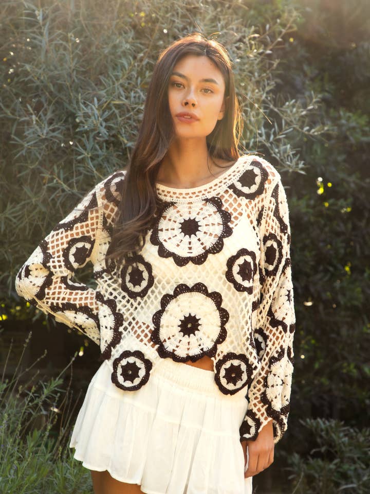 Cardigan a maniche lunghe con motivo floreale all'uncinetto SOLANDRA per la vendita all'ingrosso da parte di TICTOC
