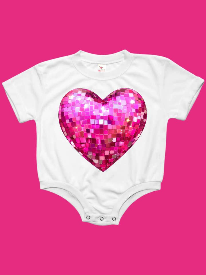 Pink Disco Heart Valentines Baby Bubble Romper for wholesale by Uncommon Label