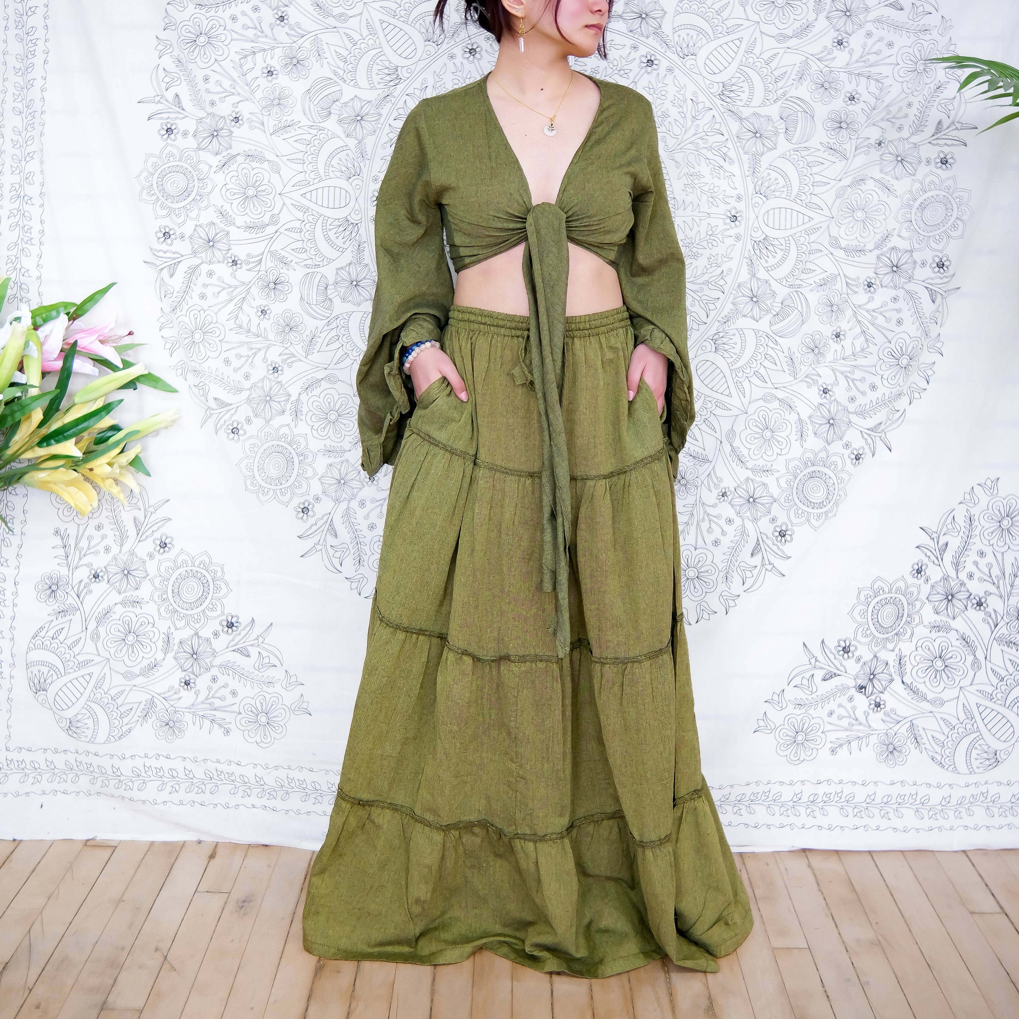 Karma Nepal Crafts - Vendita all'ingrosso Completo top e gonna - Donna - Set top con gonna fluida in cotone a strati con maniche a balze8