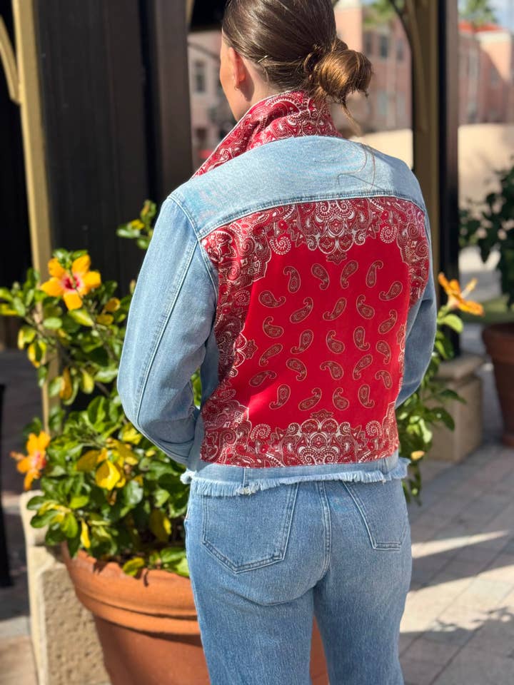 The Light Denim Jacket / Western Paisley Red for wholesale by Stacy Bradley Design