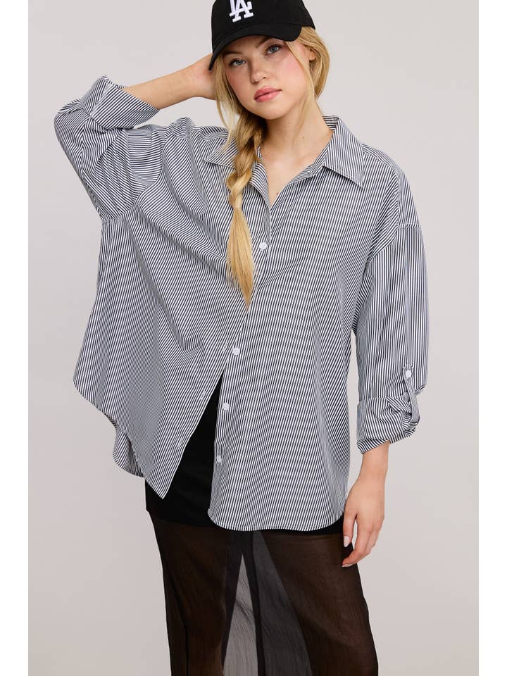 Mimosa - Wholesale Button Down Shirt - Women's - Oversized Striped Long Sleeve Button Down Shirt4