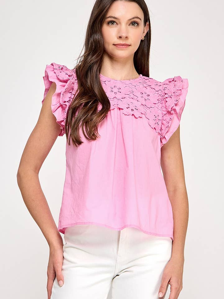 Short Sleeve Top With Crochet Yoke for wholesale by Vanilla Monkey