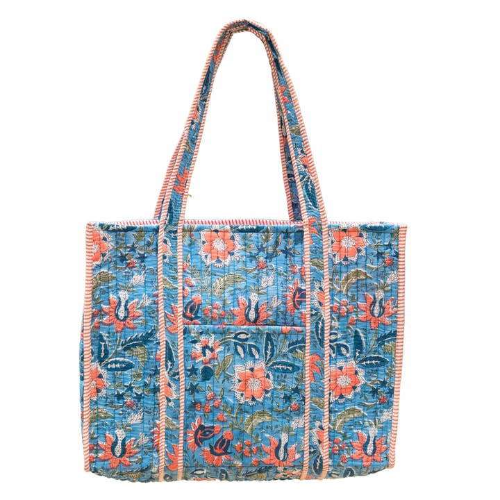 Peach Wildflowers Quilted Block-Printed Tote for wholesale by Anju Jewelry