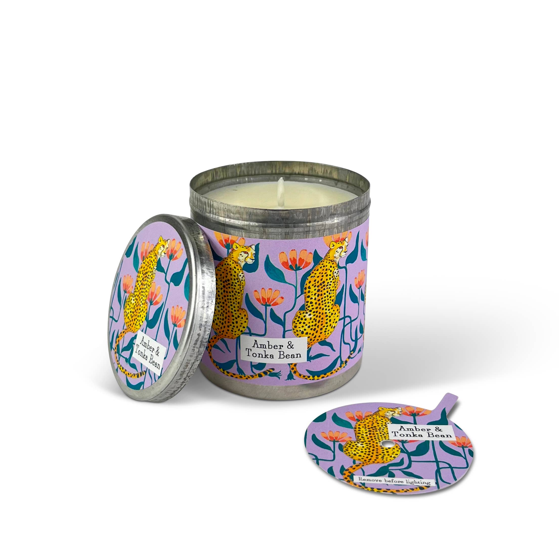Heaven Scent Incense Ltd - Wholesale Travel Candles - Amber & Tonka Bean - Cheetah 200ml Candle Tin & Dust Cover2