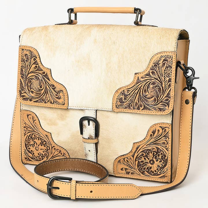 ADBGZ827 Cowhide & Hand-Tooled Leather Western Briefcase Bag - Natural Hair-On with Floral Accents for wholesale by LS Western