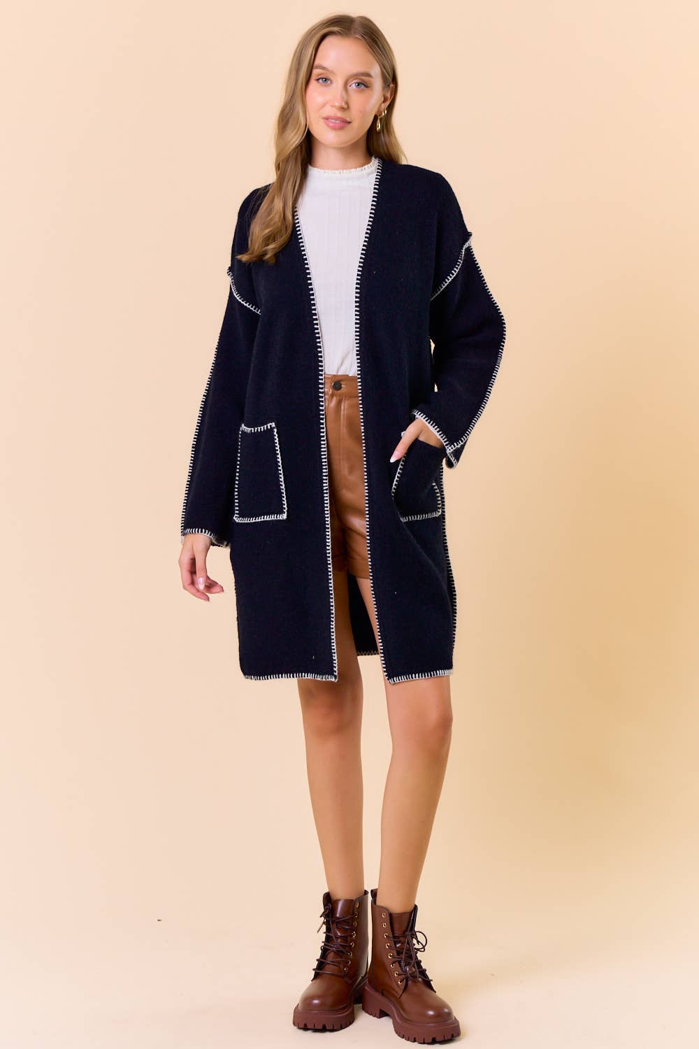 Noir Cardigan ouvert à manches longues cousu en couverture - 1755C en vente sur Faire4