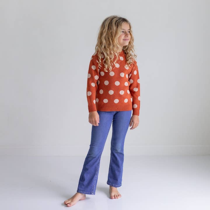 Oopsie Daisy - Wholesale Knit Sweater - Kids - Kids Rust & Beige Polka Dot Crew Neck Winter Sweater