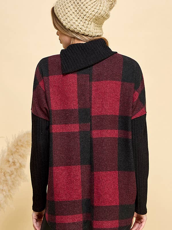 Chris & Carol Apparel - Wholesale Tunic Sweater - Women's - 211308T-PLAID COWL NECK BUTTON SWEATER