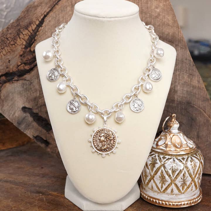 PennyLine inc - Wholesale Pendant/Charm Necklace - Boho Coin and Pearl Charms Statement Necklace – Gold and Silver Tone