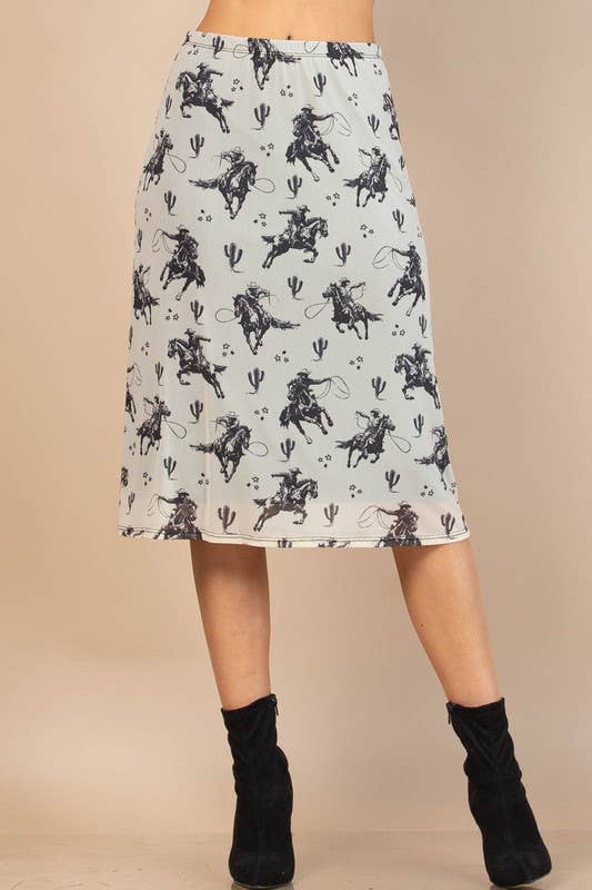 Brown AV1260-IRINA WESTERN COWBOY PRINT MESH MIDI SKIRT for wholesale on Faire2