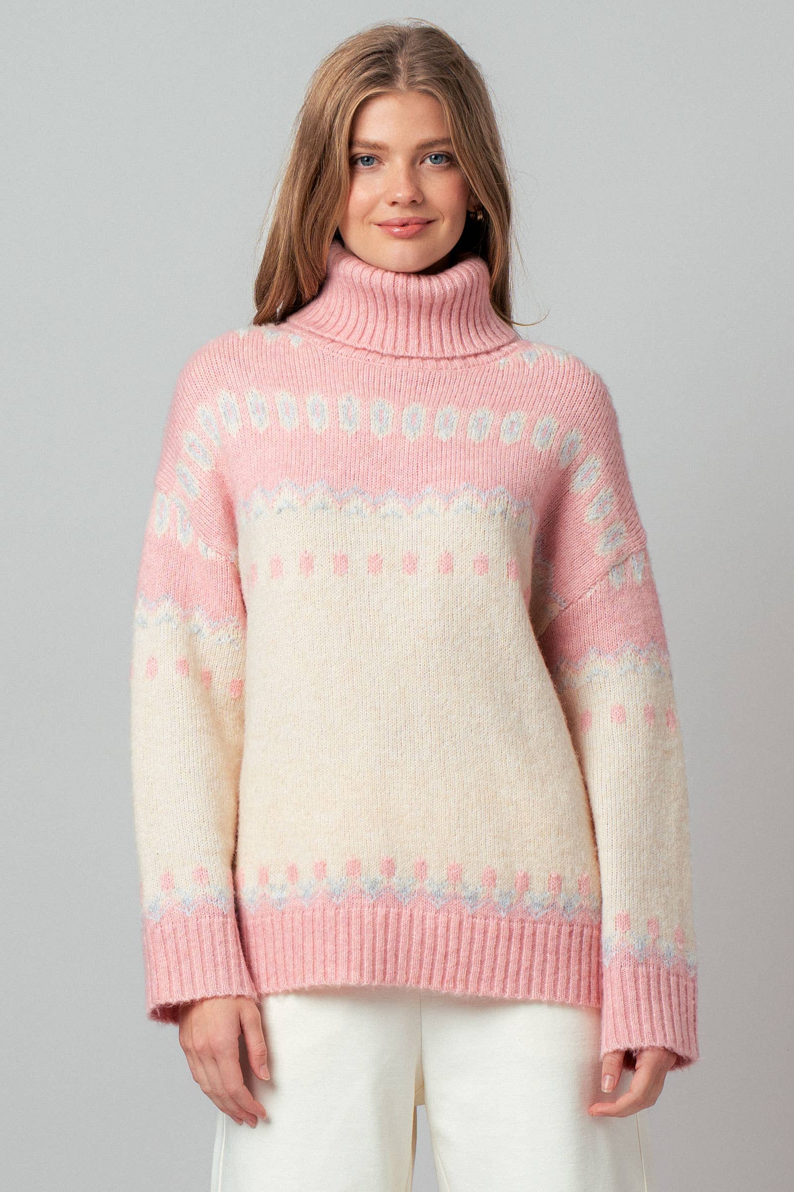 Urban Daizy - Wholesale Knit Sweater - Women's - Relaxed Fit Fair Isle Turtleneck Sweater0