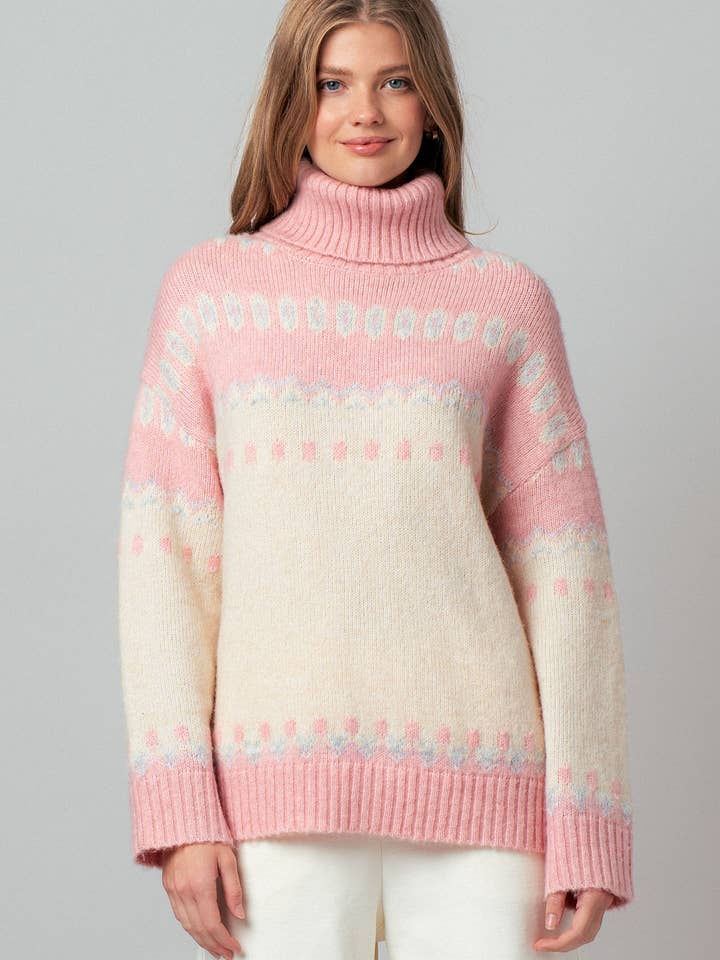 Urban Daizy - Wholesale Knit Sweater - Women's - Relaxed Fit Fair Isle Turtleneck Sweater
