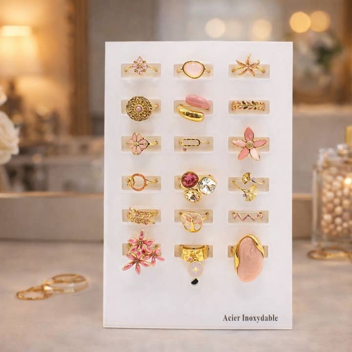 Confezione da 18 anelli in acciaio inossidabile - rosa per la vendita all'ingrosso da parte di Reference Mode