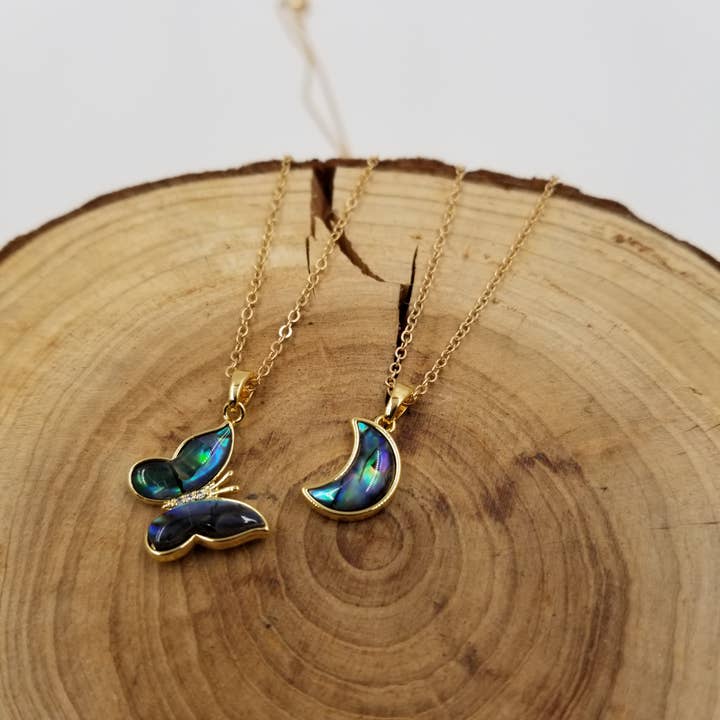 CHAKRA JEWELRY - Wholesale Pendant/Charm Necklace - Natural Abalone Shell Butterfly & Moon Pendant Necklace