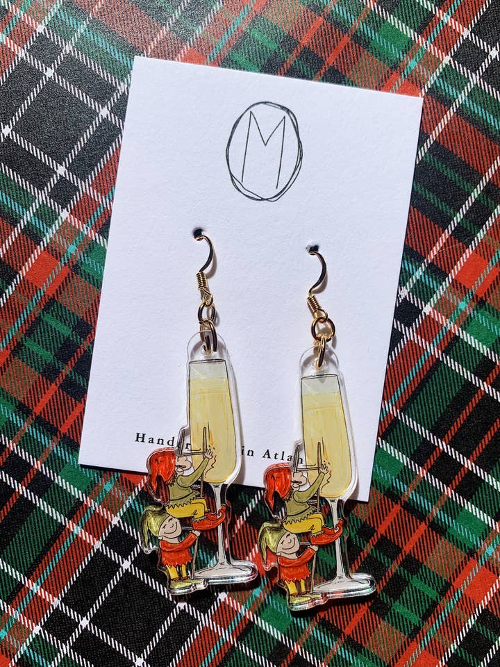 Bubbly Elves Christmas Champagne Earrings for wholesale by Madison O'Brien Art