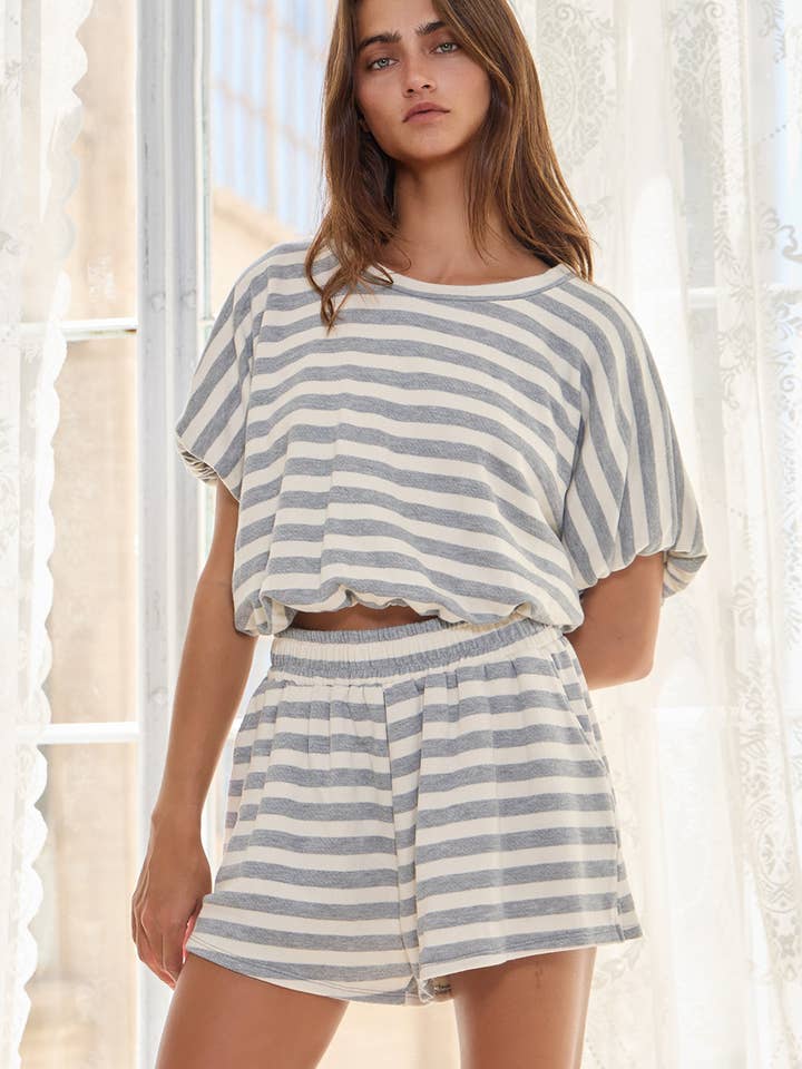 GREY T2304B Bubble Hem And Sleeve Striped Crop Top for wholesale on Faire