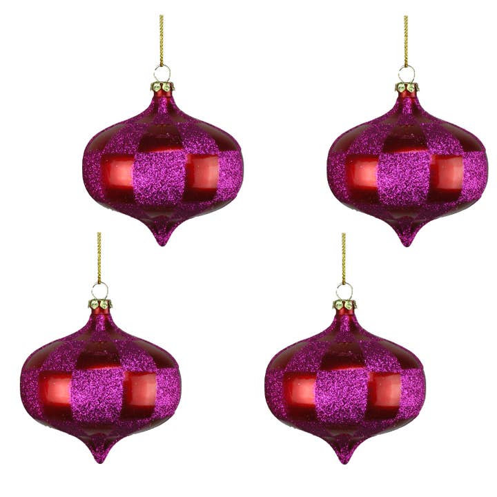 4 Pack of Red and Hot Pink Checkered Onion Ornaments with Glitter Enhancements for wholesale by Winterland Inc.