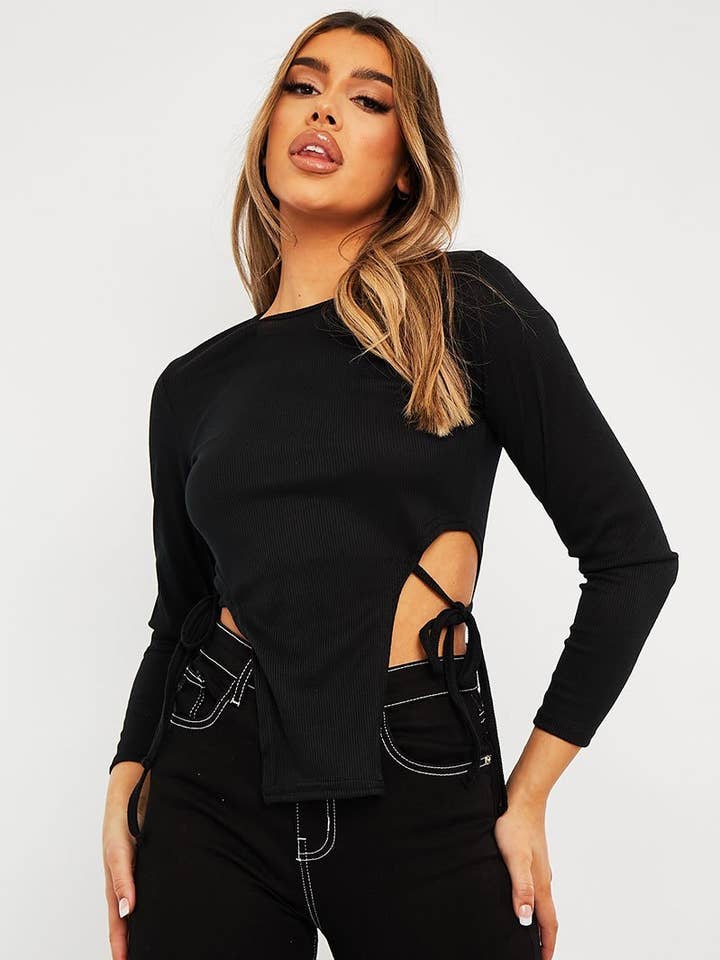 Sort Ribbet Side Slips Top - Bibi for engroshandel hos Rebellious Fashion