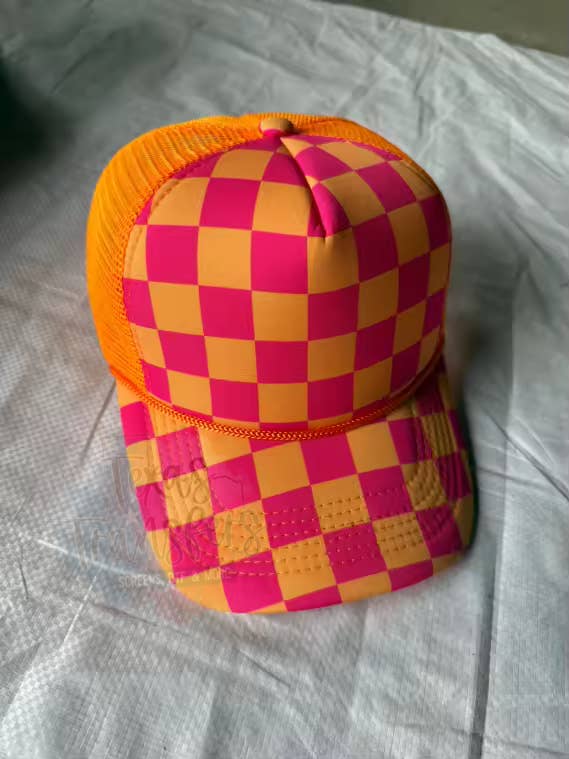 Texas Transfers - Wholesale Trucker Hat - Unisex - Pink/Orange Checker Front Trucker Hat