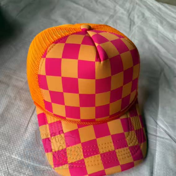 Texas Transfers - Wholesale Trucker Hat - Unisex - Pink/Orange Checker Front Trucker Hat0