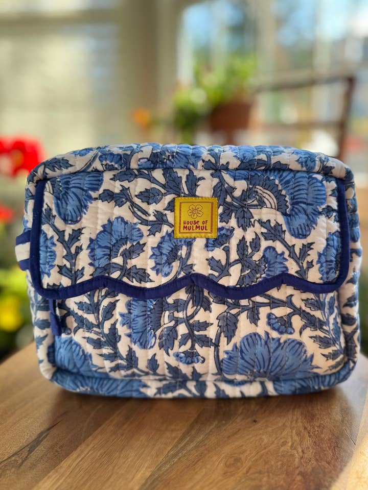Block print Travel Makeup Bag (Single - C25B) - Blue Vine for wholesale by House of Mulmul LLC