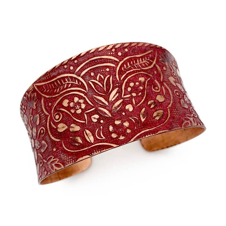 Koperen Patina armband - Rode botanische print voor wholesale door Anju Jewelry