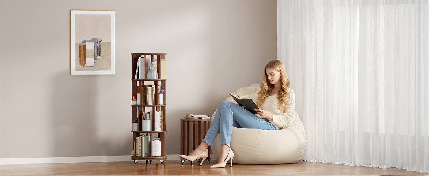 39F Inc. - Wholesale Bookcase - Walnut 4-Tier 100% Solid Wood Rotating Bookshelf with Wheel17