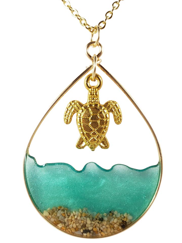 Sea green water and sand turtle necklace in yellow gold for wholesale by Skinny Pig Designs