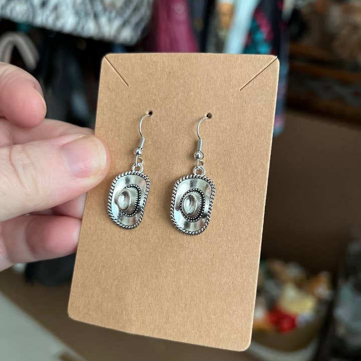 Cedar Hill Country Market - Wholesale Dangle Earrings - Silver Cowboy Hat Earrings on hooks