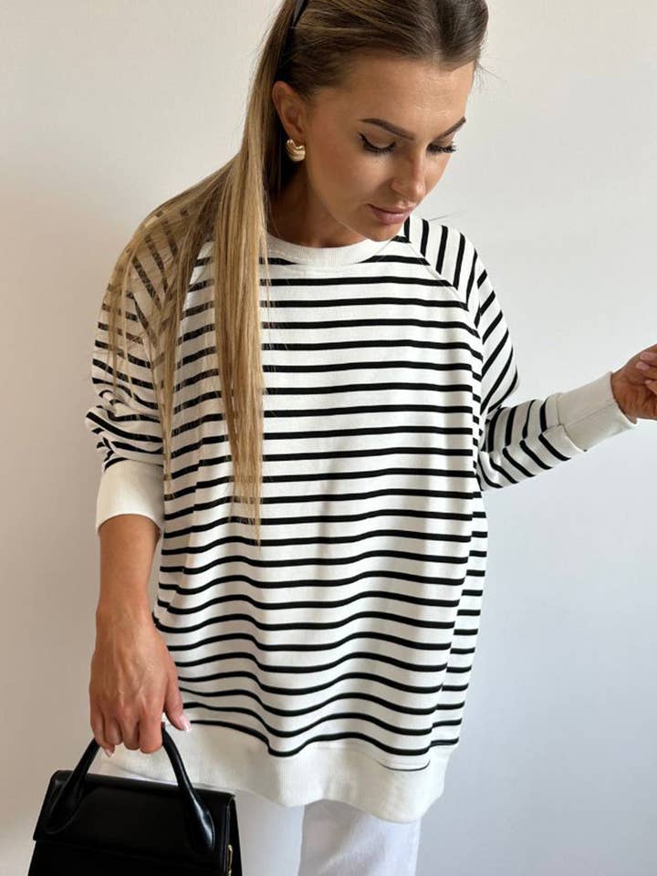 Black Stripe Raglan Sleeve Side Slits Loose Sweatshirt for wholesale on Faire