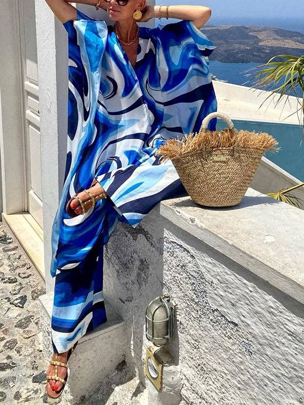 AZUL Vestido maxi con botones y estampado de murciélago y cuello en V de venta al por mayor en Faire2