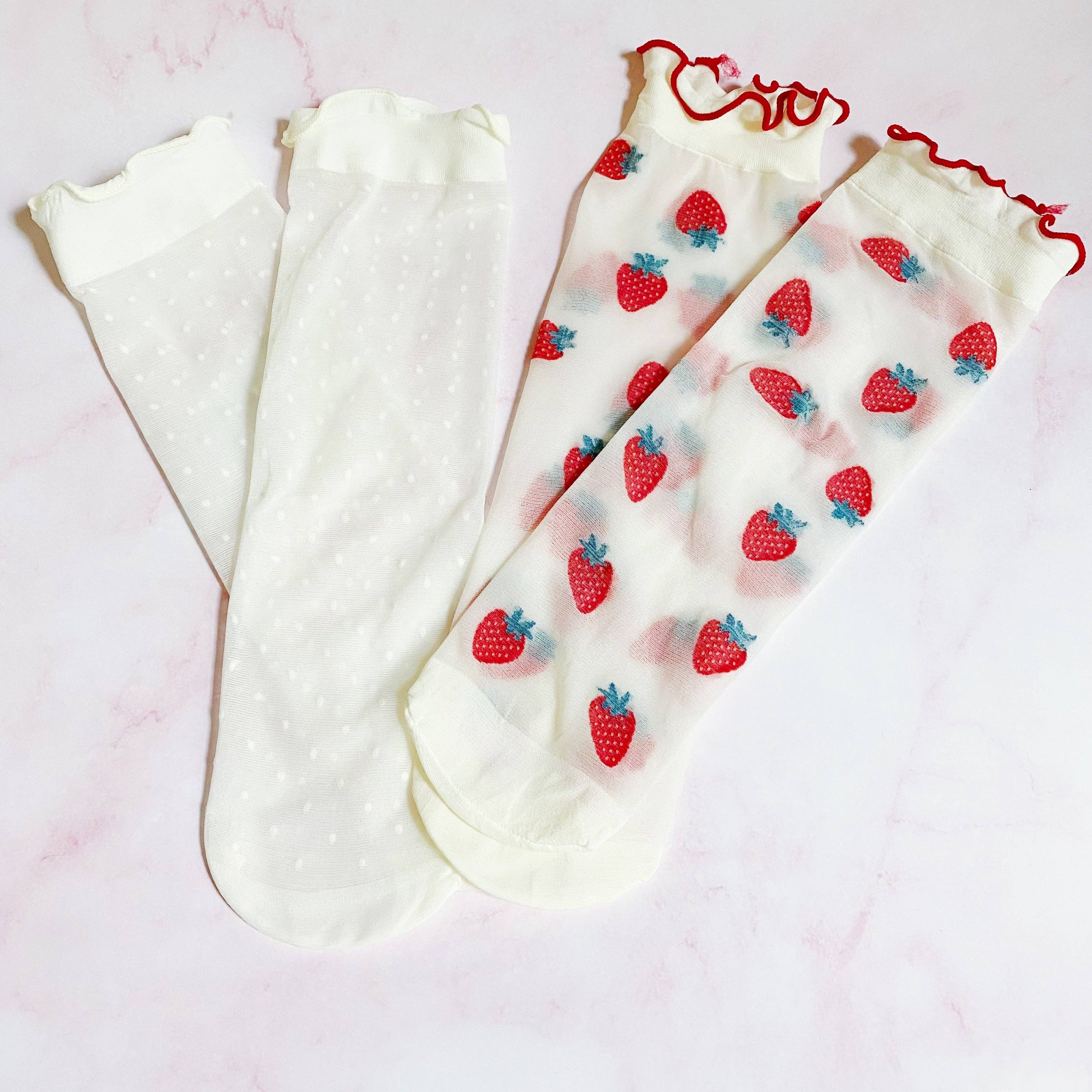 Ellison+Young - Wholesale Socks - Women's - Dots And Strawberries Sheer Socks Set Of 2 Pairs4